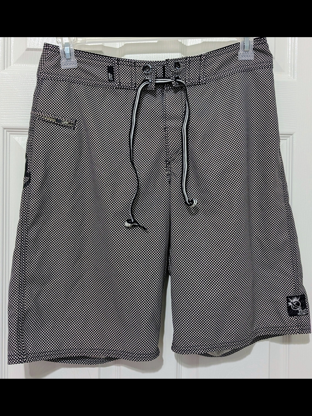 Men's Black & White Micro-Checkered Swim Trunks - Picture 1 of 4